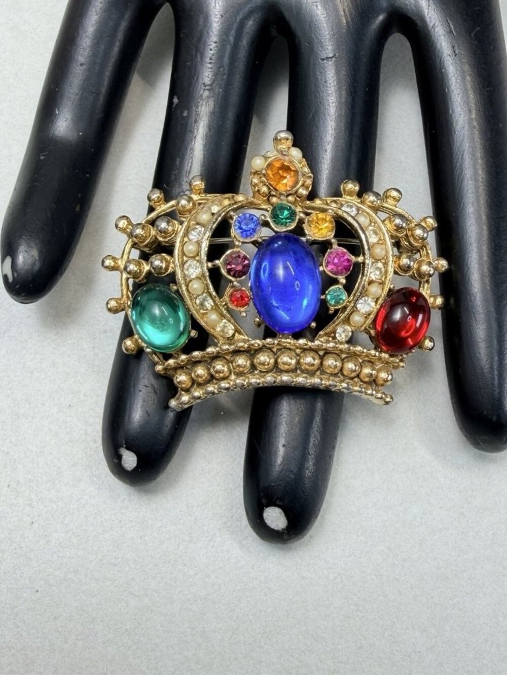 Vintage MCM Crown Brooch Multicolor Cabochon Regal Unique Statement
